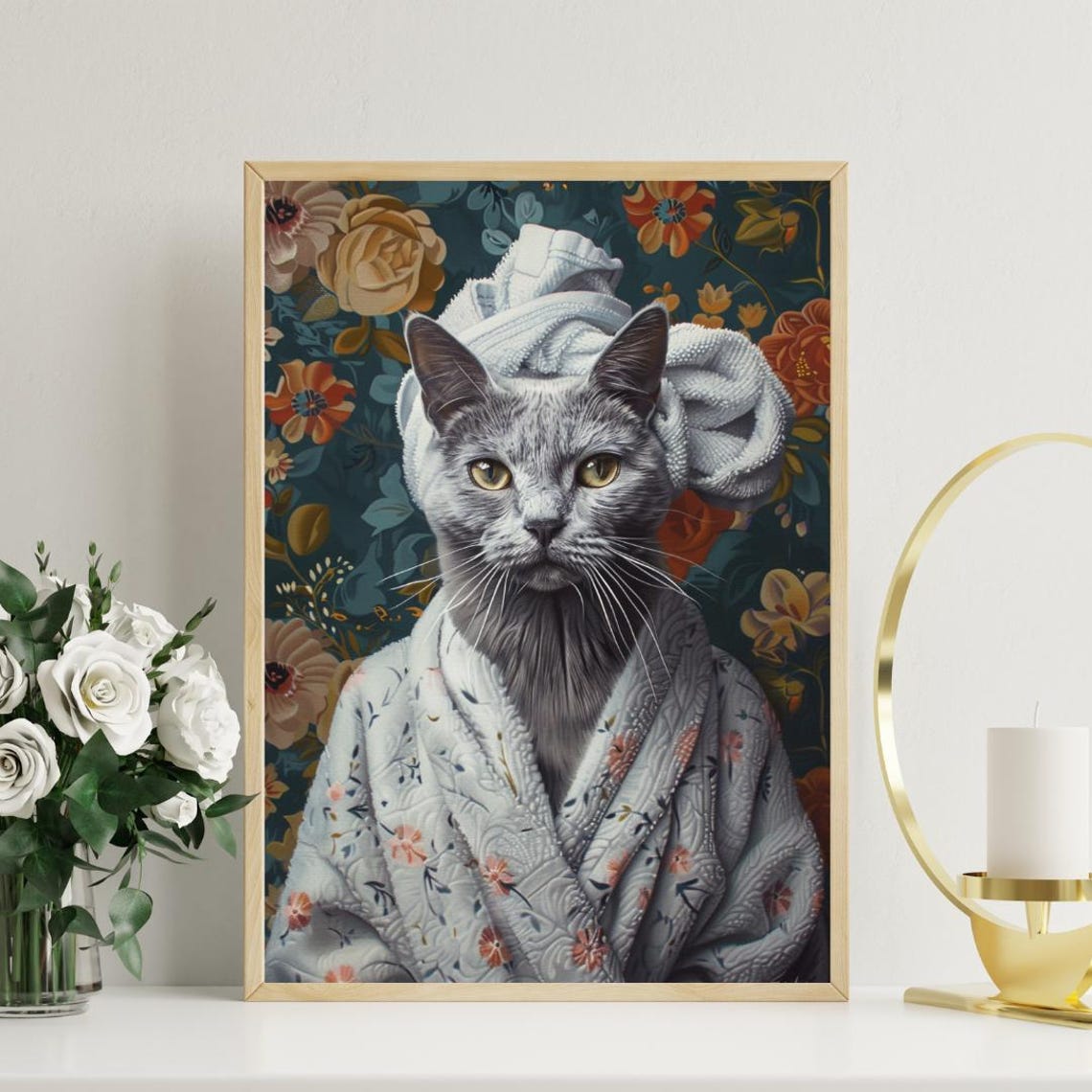 Russian Blue Cat Bathrobe Portrait Poster Cute Spa Day Floral Decor - Image 3