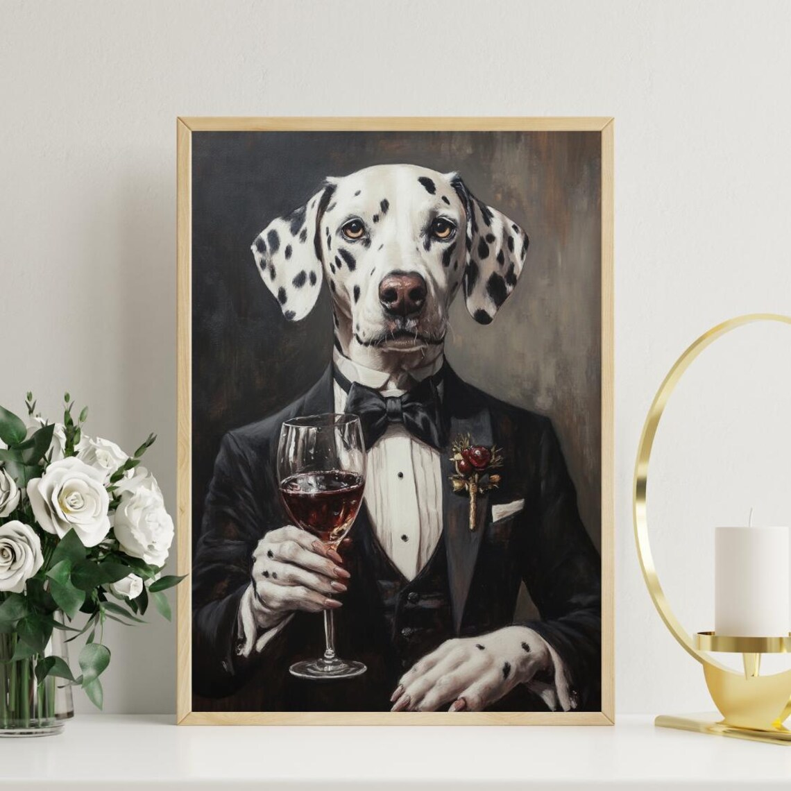 Dalmatian in Tuxedo Holding Wine Glass Elegant Dog Portrait Poster - Image 3