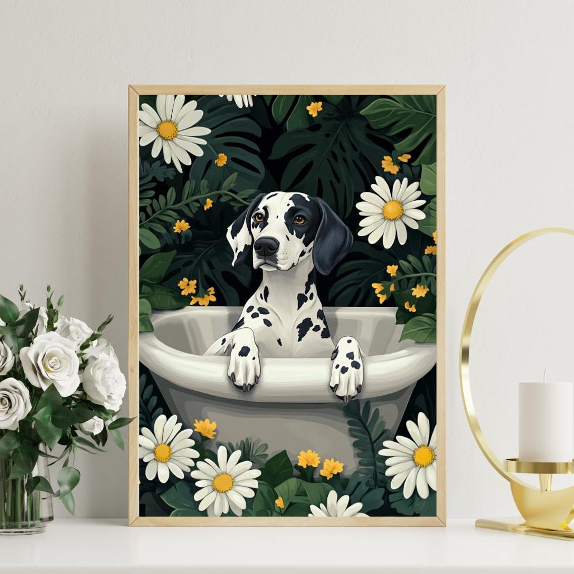 Dalmatian Bath Time Among Daisies Cute Spotted Funny Dog Poster - Image 3