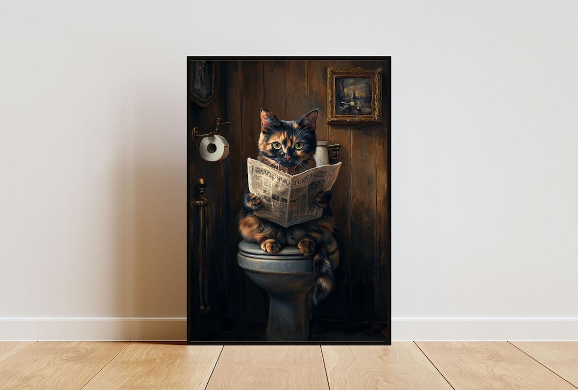 Tortoiseshell On Toilet Cat Bathroom Art Print