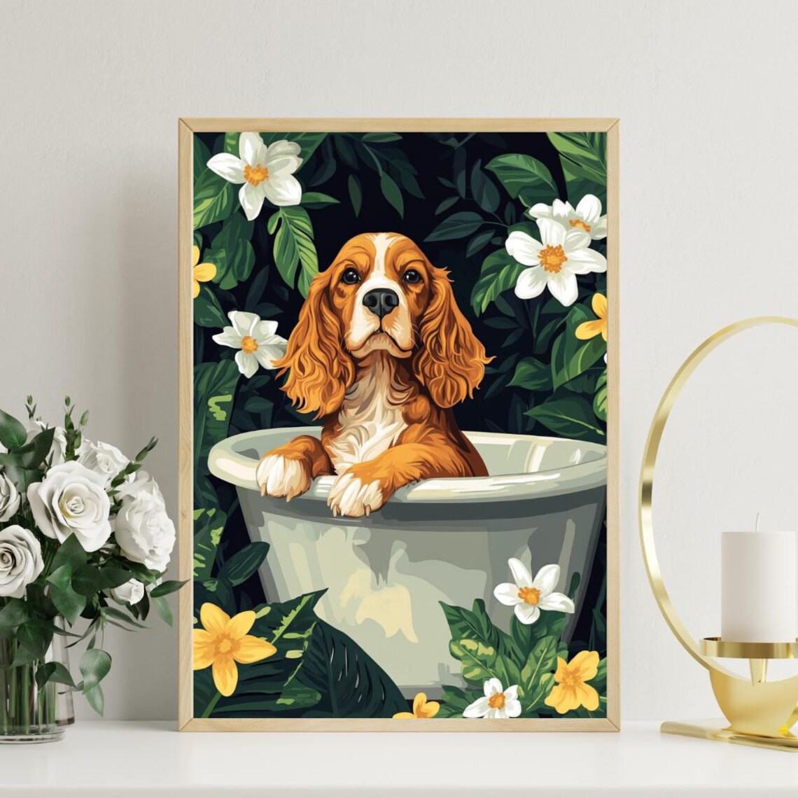 English Cocker Spaniel in Bathtub Cute Dog Bathroom Floral Art Poster - Image 3