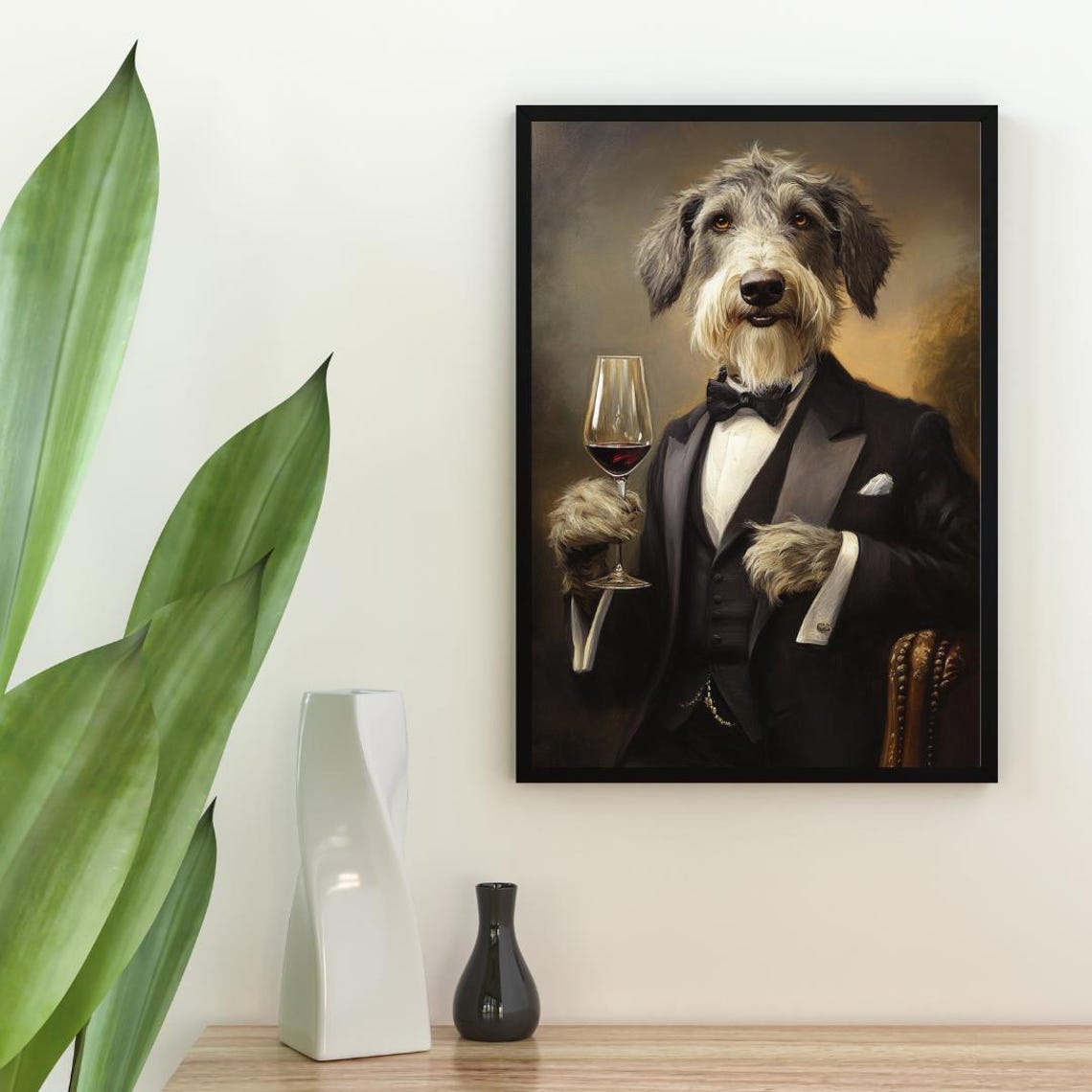 Irish Wolfhound In Tuxedo Holding Red Wine Glass Dog Portrait Poster - Image 2