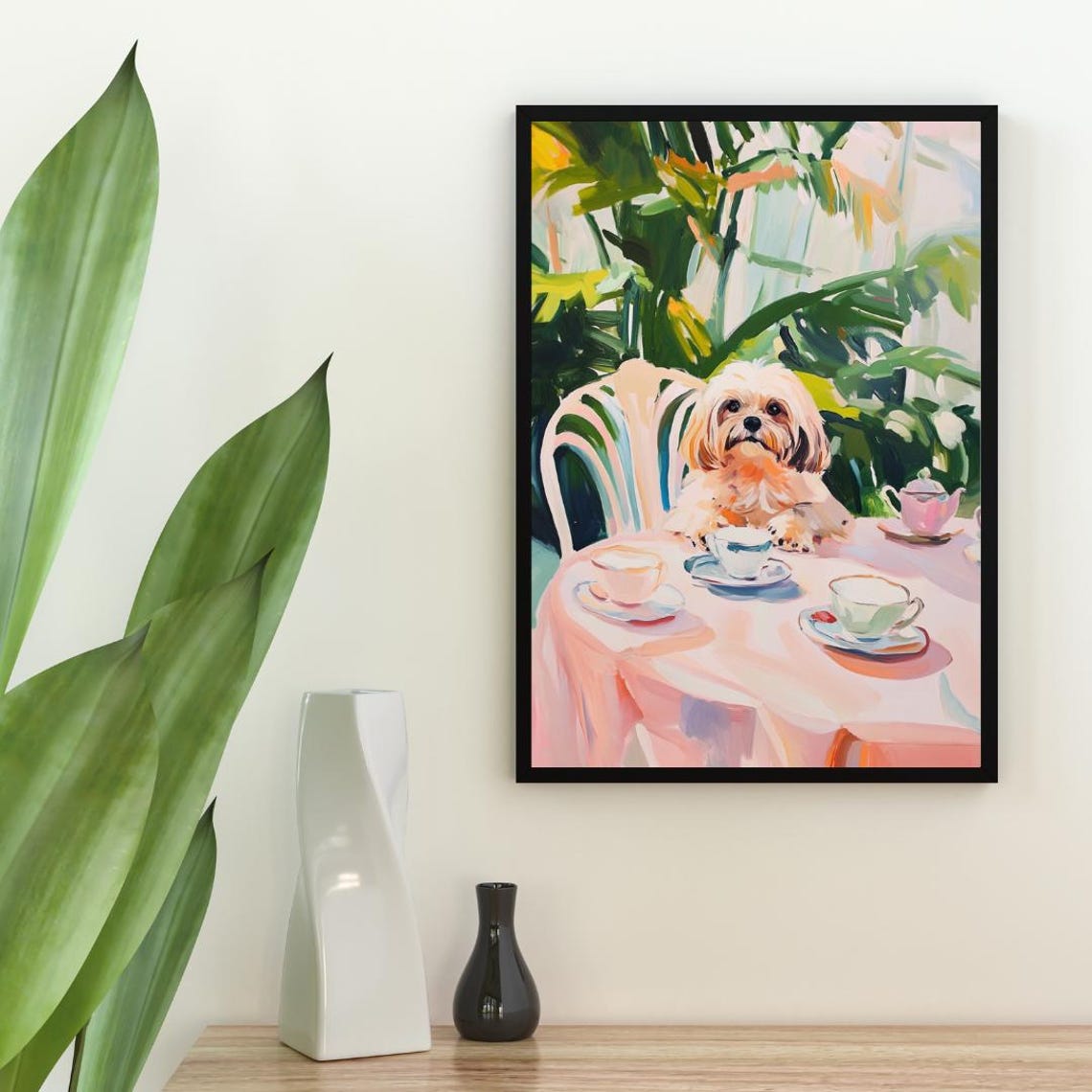 Lhasa Apso Dog Tea Party Fluffy Cream Oil Painting Cute Pet Poster - Image 2
