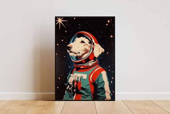 Golden Retriever Astronaut Retro Space Helmet Stars Canine Portrait Poster