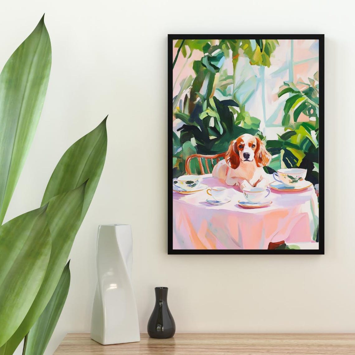 Brittany Spaniel Dog Garden Tea Party Pastel Oil Painting Poster - Image 2