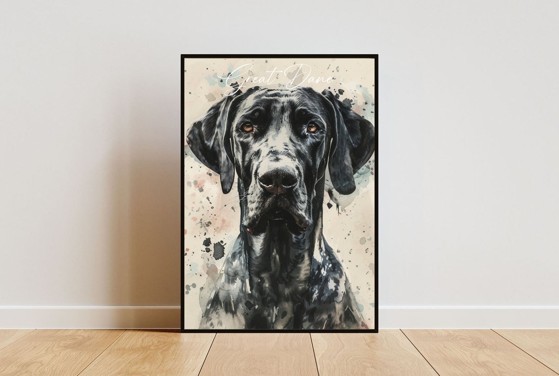 Great Dane Watercolor Dog Breed Portrait Poster Script Name Detail