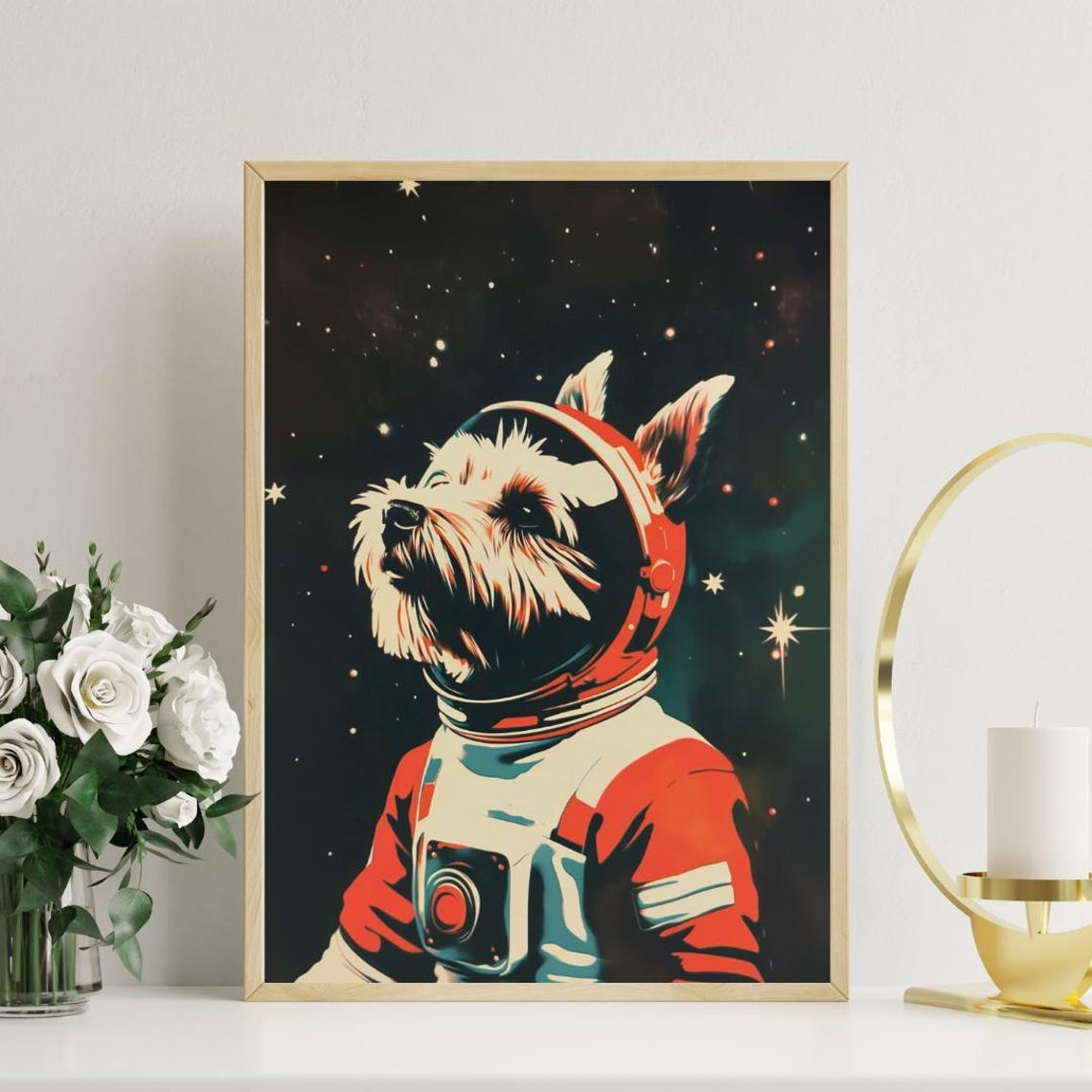 Westie Dog Astronaut Vintage Retro Starry Space Portrait Poster - Image 3