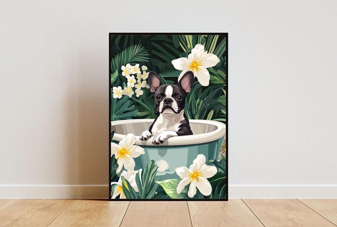 Boston Terrier In Bathtub Funny Bathroom Poster
