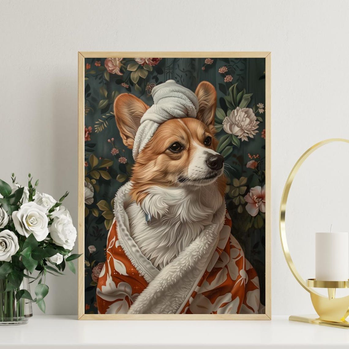 Cute Welsh Corgi Dog in Bathrobe Fun Bathroom Spa Day Art Poster - Image 3