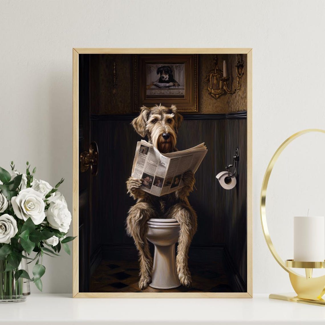 Irish Wolfhound on a Toilet Reading a Newspaper in a Bathroom Poster - Image 3