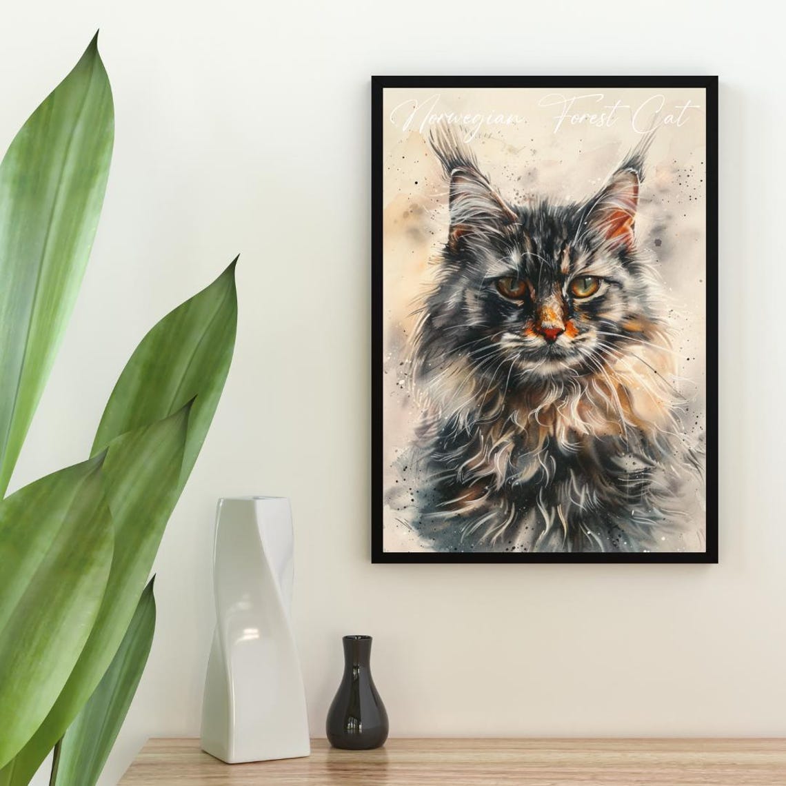Norwegian Forest Cat Watercolor Portrait Majestic Fine Art Poster - Image 2