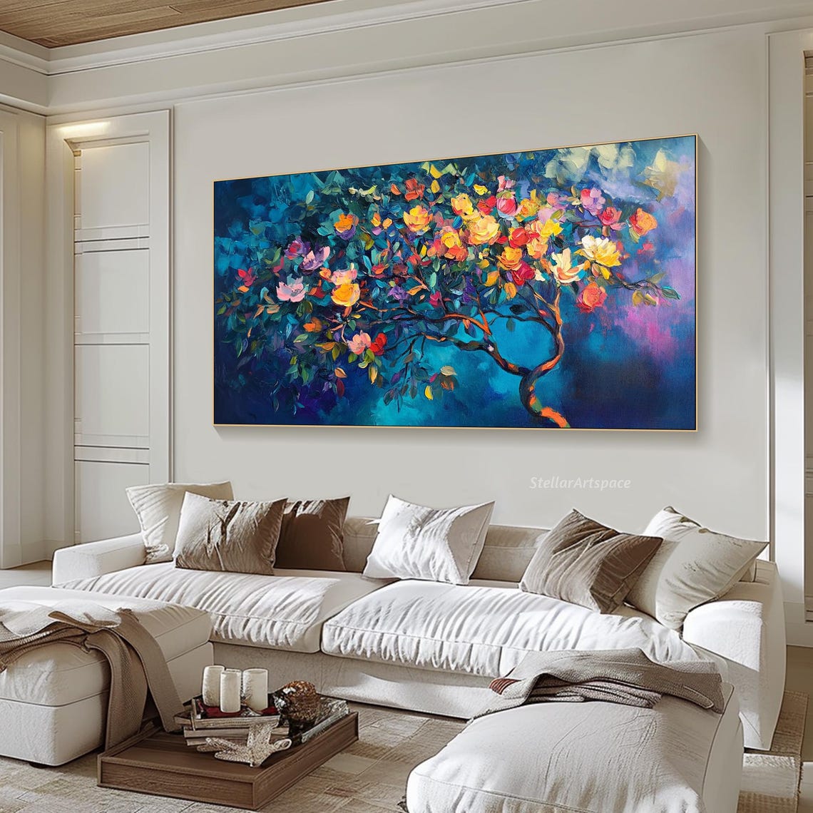 Blossom Tree Rainbow Flowers Teal Night Sky Impasto Art Poster - Image 5