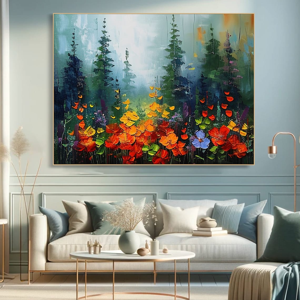 Colorful Flowergreen Tree Painting, Tranquil Forest Art Print - Image 2