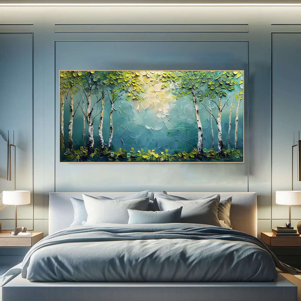 Birch Tree Art Print, Spring Green Leaves, Blue Background - Image 6