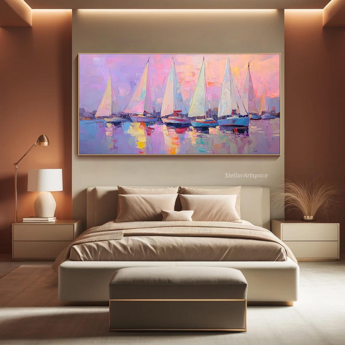 Seven Sailboats Sunset Harbor Pink Lavender Seascape Art Poster - Image 4