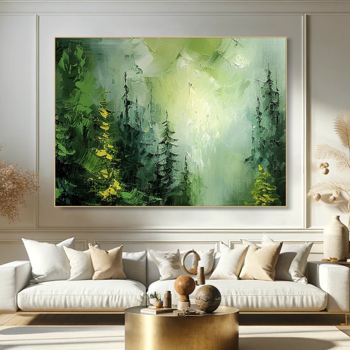 Misty Green Pine Forest Sunlight Textured Impasto Oil Art Print - Image 3