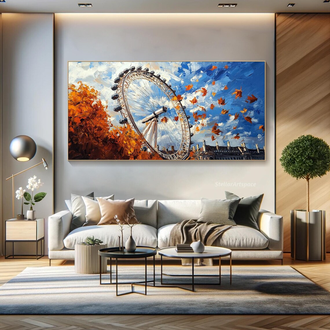 London Eye Autumn Falling Leaves Blue Sky Cityscape Travel Poster - Image 3
