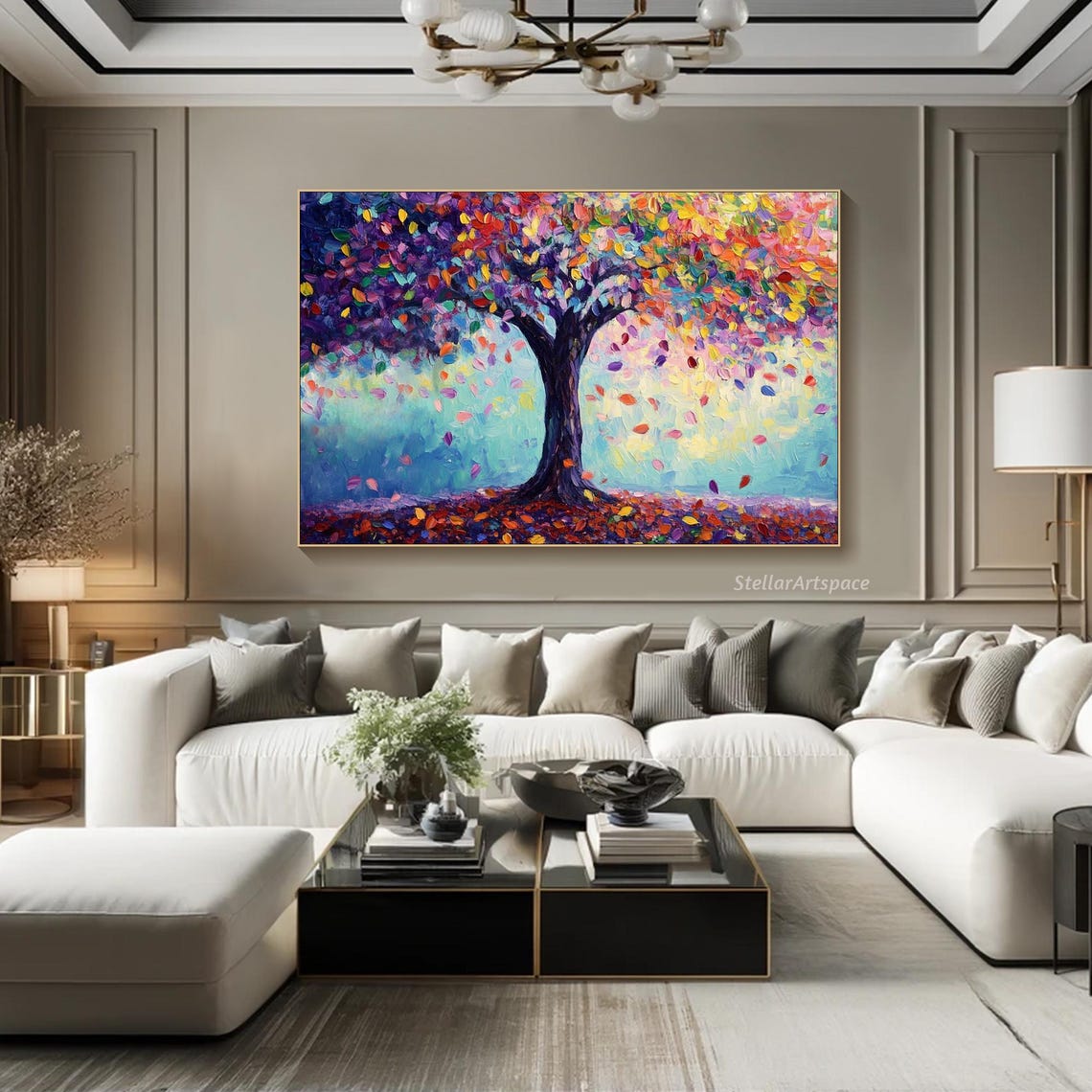 Colorful Rainbow Tree Falling Leaves Impasto Textured Art Poster - Image 3