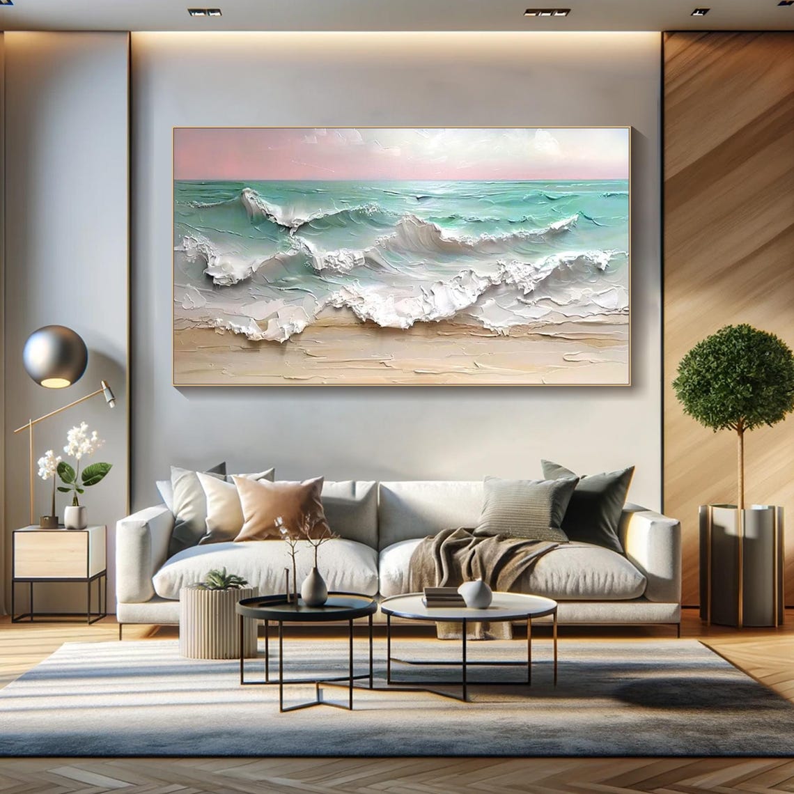 Ocean Waves White Foam Pastel Sky Sandy Shore Textured Seascape Poster - Image 4