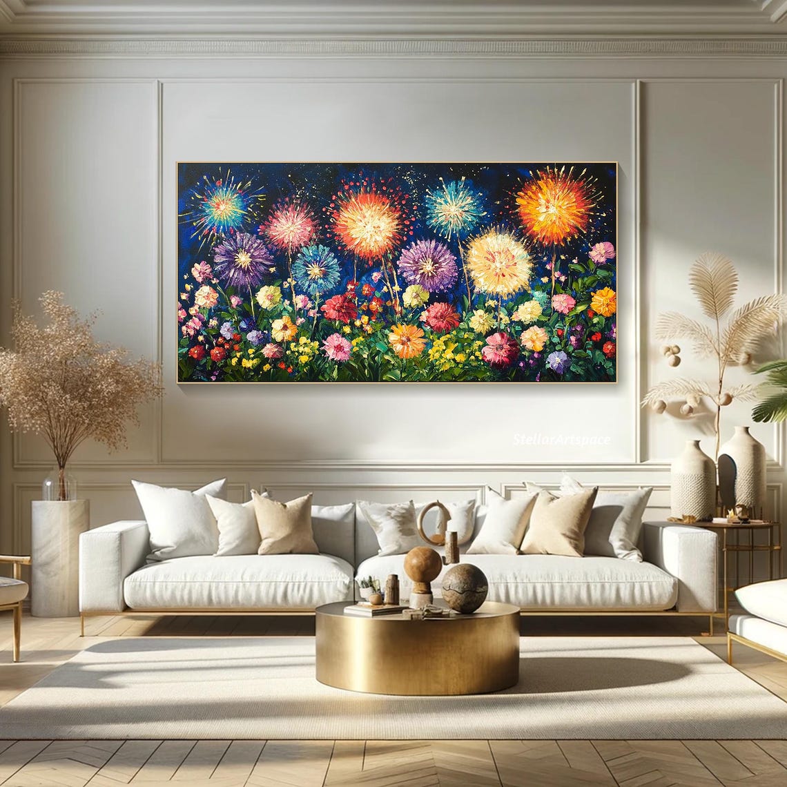 Fireworks Over Colorful Flower Field Night Sky Celebration Poster - Image 2