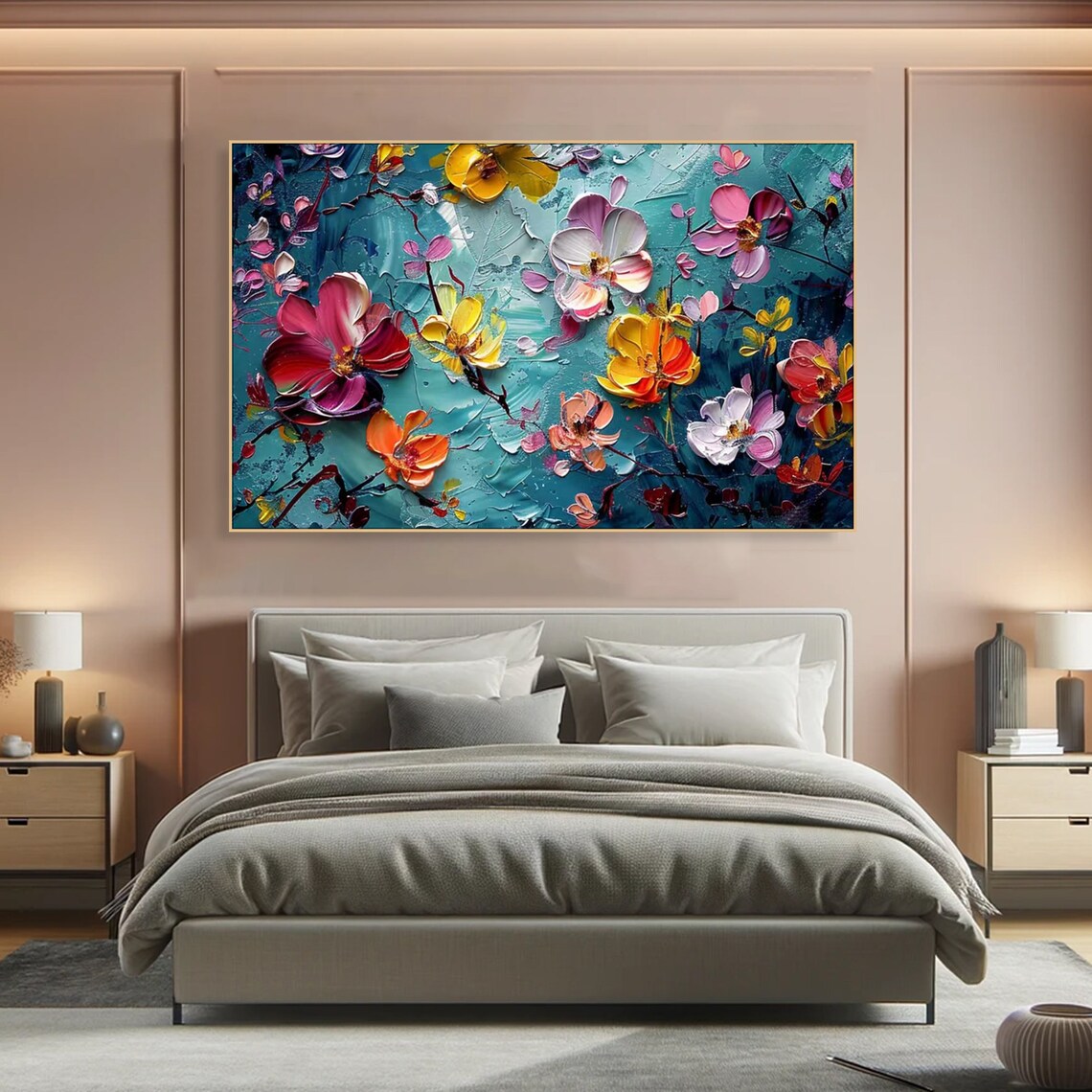 Vibrant Blossom Bouquet Pink Yellow Turquoise Impasto Floral Poster - Image 5