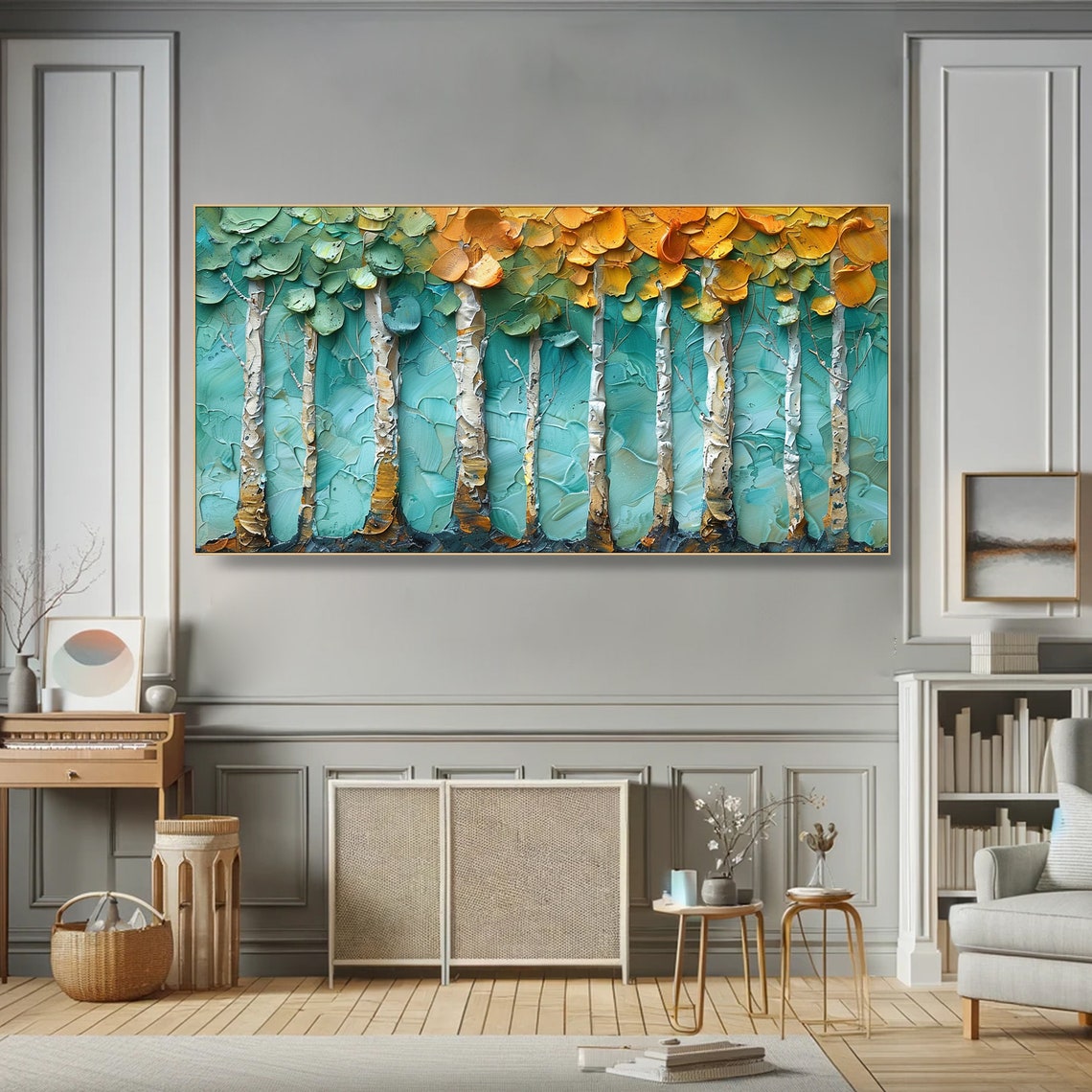 Birch Tree Forest White Trunks Gold Canopy Textured Nature Poster - Image 2