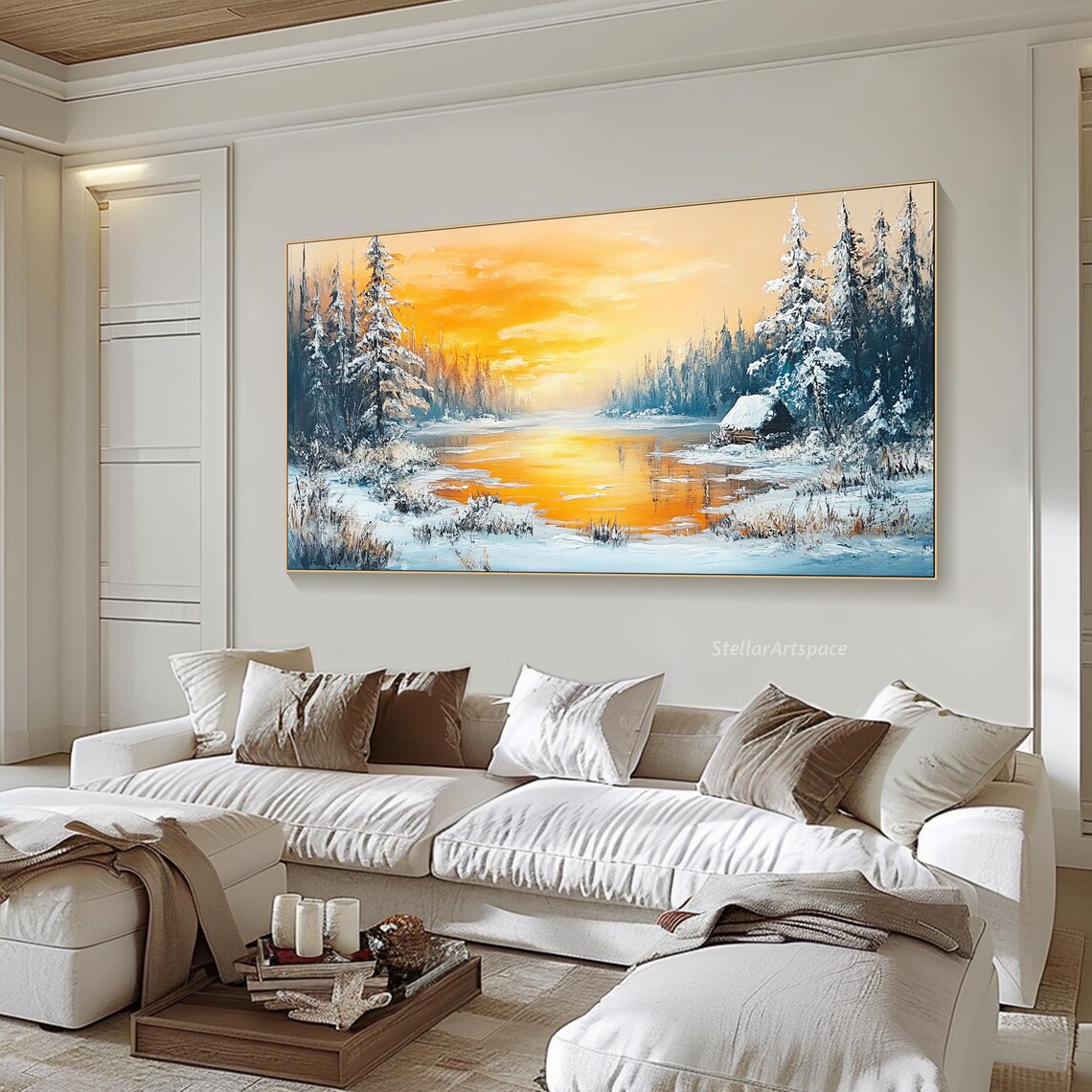 Winter Cabin Frozen Lake Sunset Snowy Pines Cozy Landscape Art Poster - Image 6