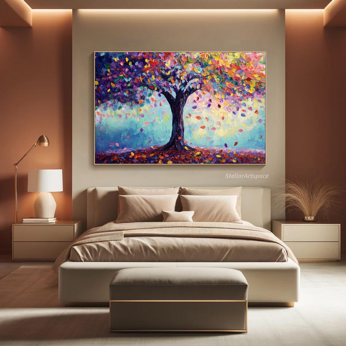 Colorful Rainbow Tree Falling Leaves Impasto Textured Art Poster - Image 4