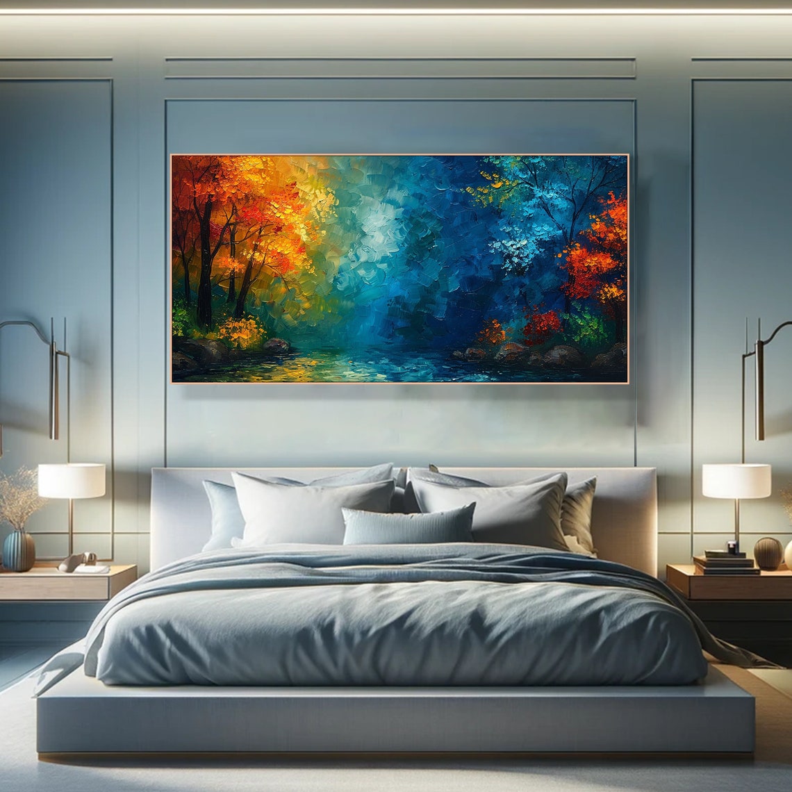 Autumn Forest Stream Fiery Red Trees Blue Impasto Landscape Poster - Image 4