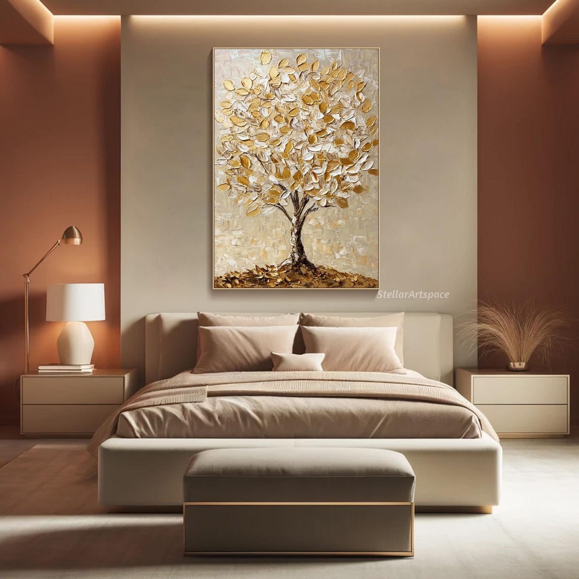 Gold Tree Of Life White Gold Leaves Neutral Elegant Wall Art - Image 5