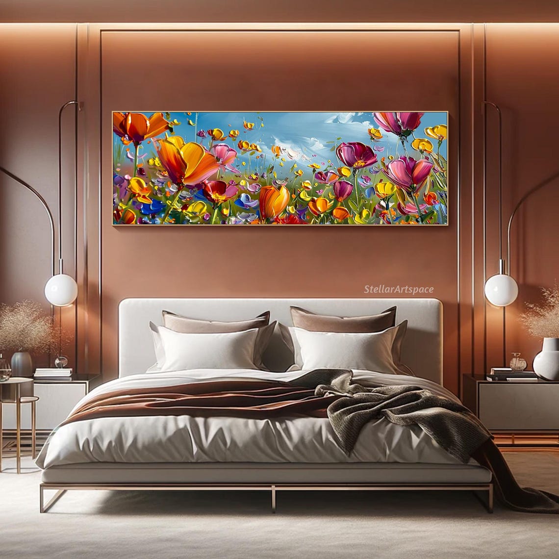 Wildflower Field Colorful Tulips Blue Sky Panoramic Impasto Poster - Image 2