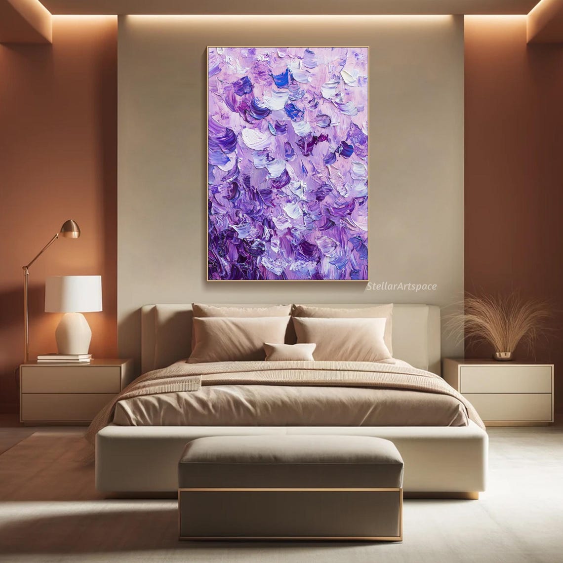 Purple Violet Abstract Palette Knife Brushstrokes Textured Wall Art - Image 3