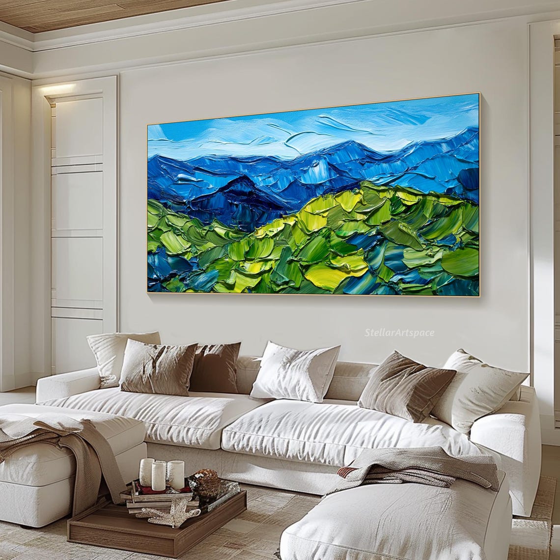 Blue Green Mountain Peaks Palette Knife Textured Landscape Poster - Image 6