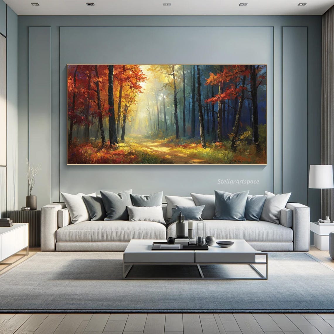 Sunlit Autumn Forest Path Golden Light Red Foliage Landscape Poster - Image 5