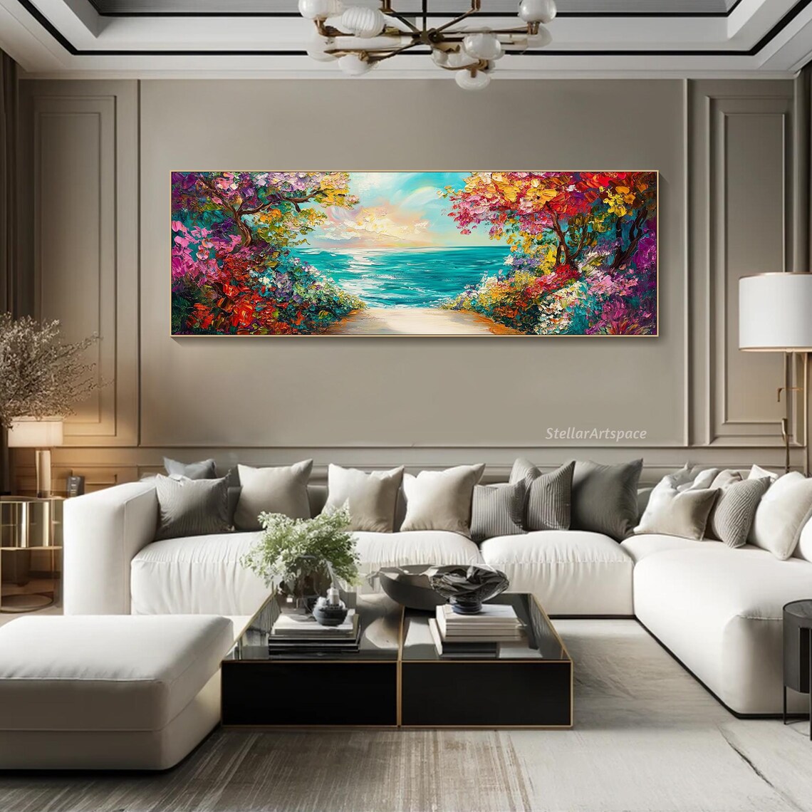 Tropical Beach Cove Colorful Flowering Trees Impasto Seascape Poster - Image 5