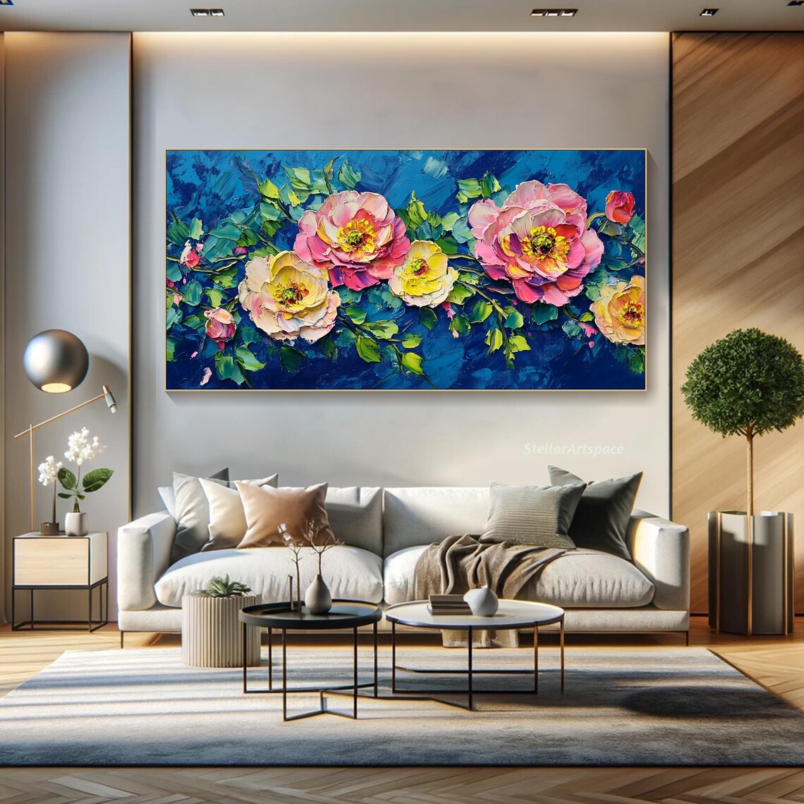 Peony Blossoms Pink Yellow Deep Blue Impasto Bold Floral Poster - Image 3
