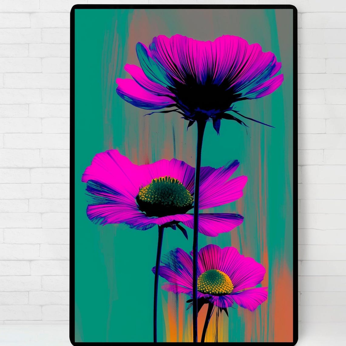 Purple Cosmos Flowers Teal Background Modern Floral Art Poster