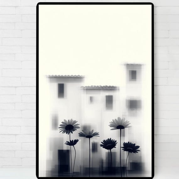Black And White Flowers With Architecture, Minimalist Poster