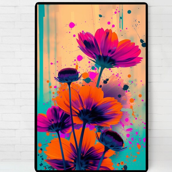 Neon Daisy Meadow Splatter Paint Pop Art Floral Style Poster