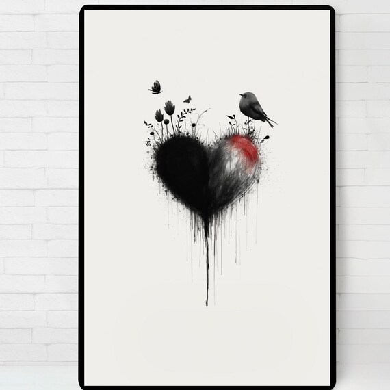 Black Ink Heart Bird Butterfly Dripping Romantic Modern Art Poster