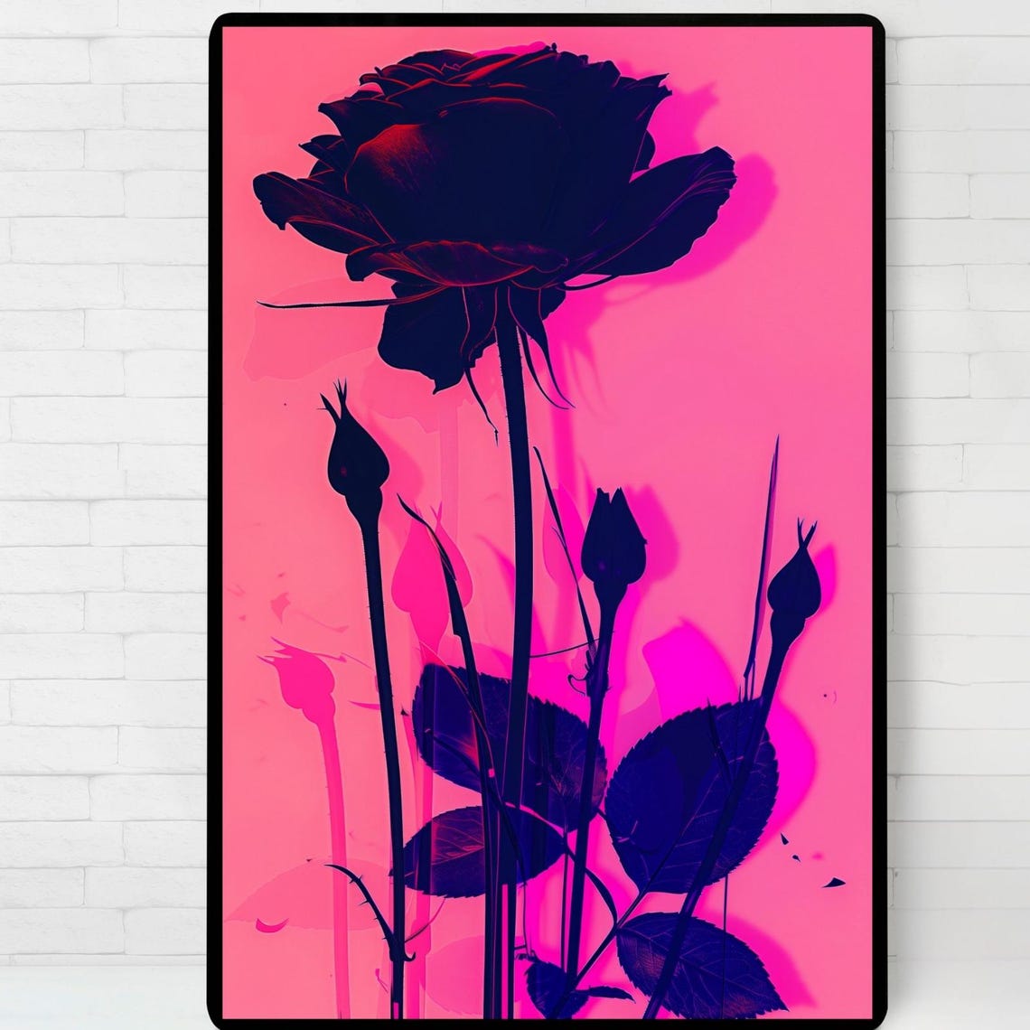 Black Roses On Pink Print Poster Illustration Wall Art Instant