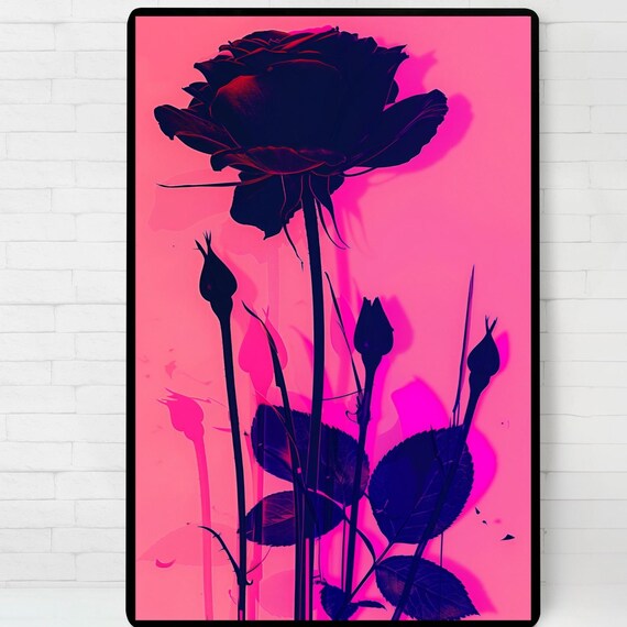 Black Rose Silhouette On Hot Pink Bold Pop Art Floral Poster