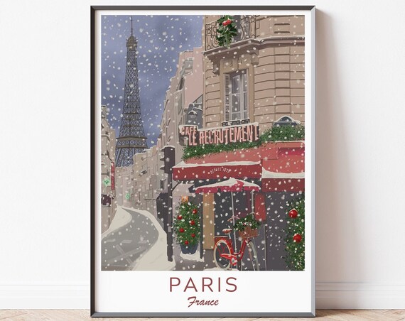 Paris France Christmas Snow Eiffel Tower Cozy Cafe Holiday Poster