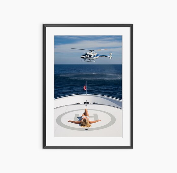 Woman Sunbathing on Yacht Helipad Helicopter Overhead Luxury Photo Poster