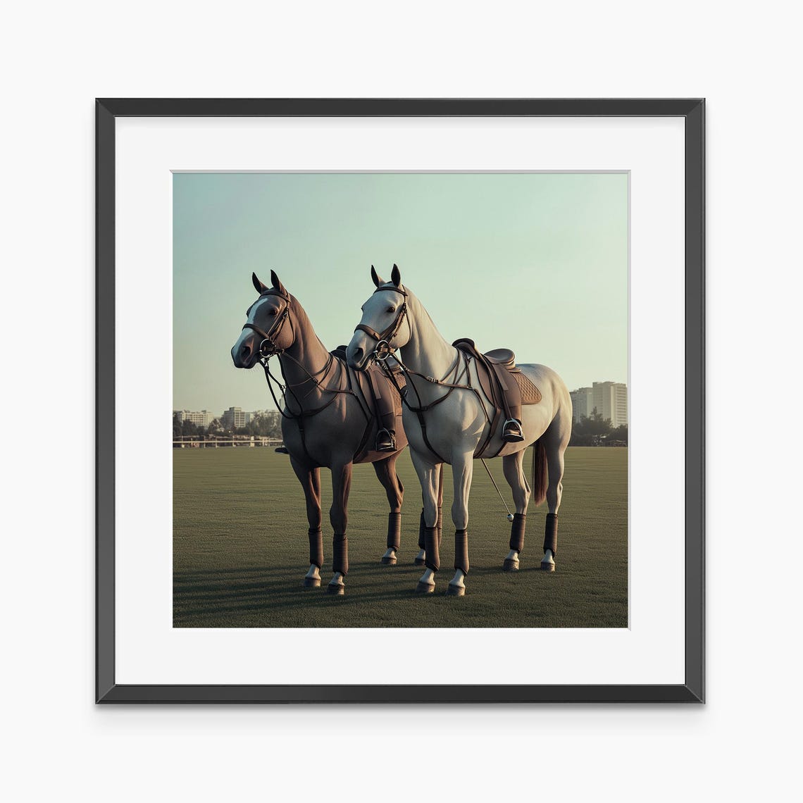 Two White Saddled Horses Equestrian Field Fine Art Photo Poster