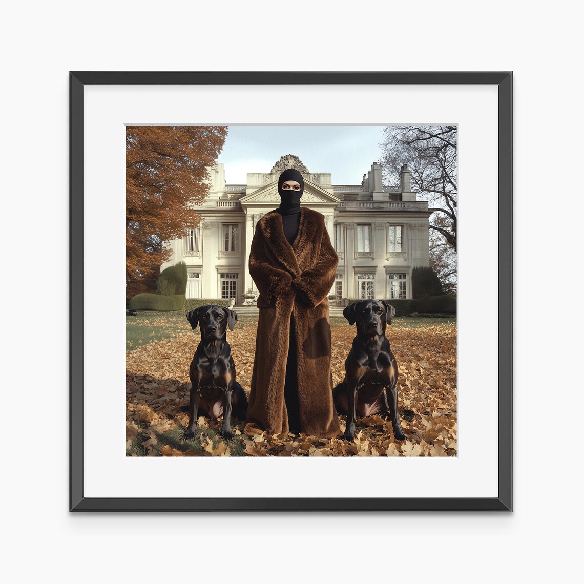 Woman In Fur Coat With Dobermans Mansion Autumn Photo Poster