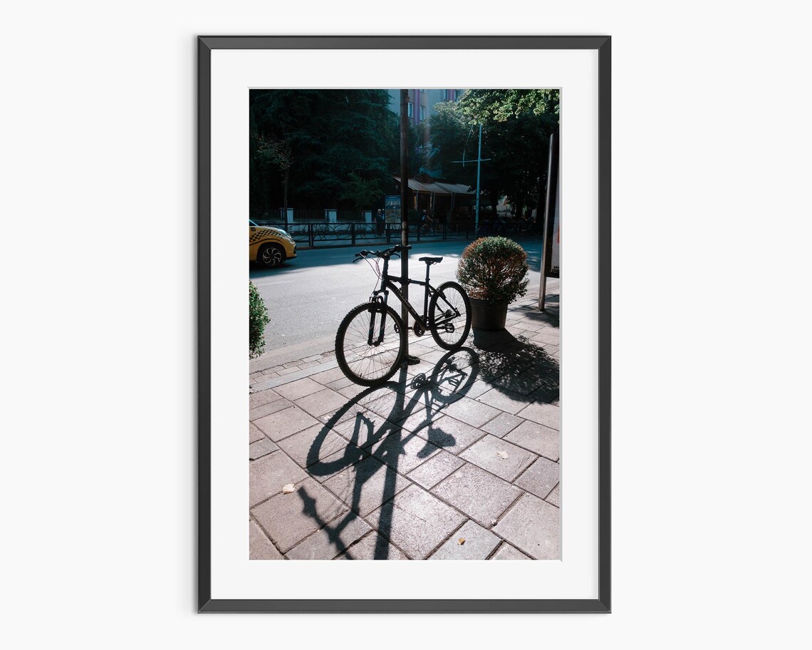 Bicycle on City Street Long Shadow Moody Urban Photography Poster