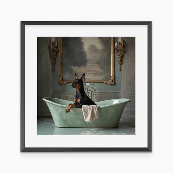 Doberman Photography Prints Dog In Bathtub Bathroom Wall Art Print Funny Poster Nursery Museum Grade