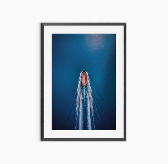Aerial View of Speedboat on Deep Blue Ocean Dramatic Drone Photo Poster