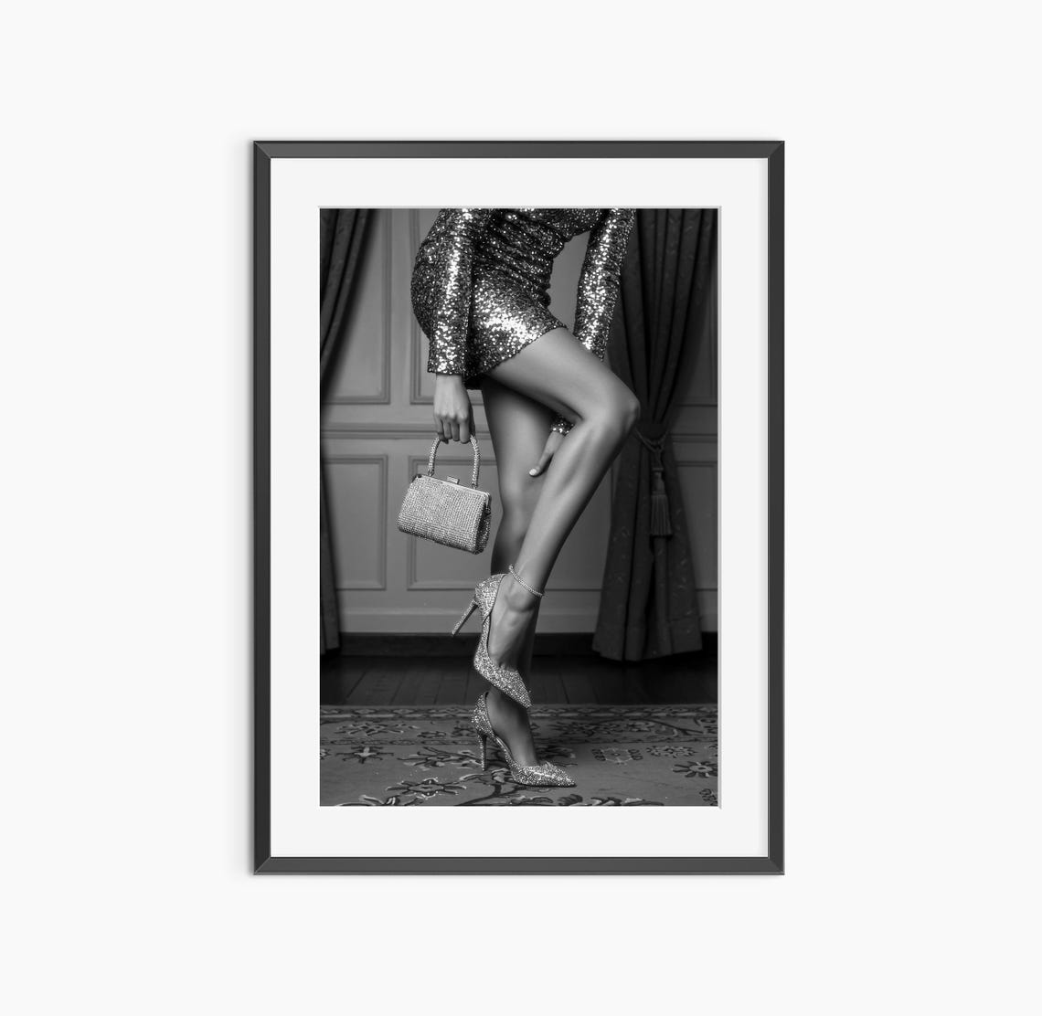 Black and White Fashion Photo Sequin Dress Stiletto Heels Glam Poster